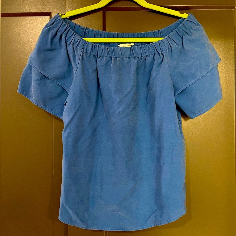 Off the Shoulder Ruffle Sleeve Top M Blue